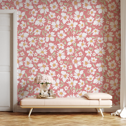 Pink Floral Daisies Wallpaper / Peel and Stick Wallpaper Removable Wallpaper Home Decor Wall Art Wall Decor Room Decor - C691