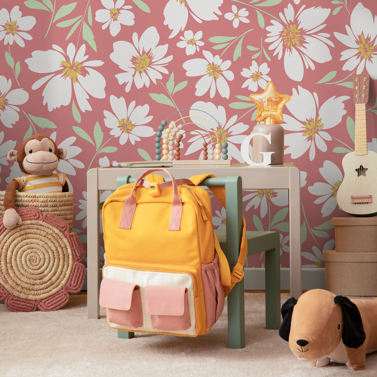 Floral Wallpaper with a Charming Daisy Motif in Pink and White - detail view