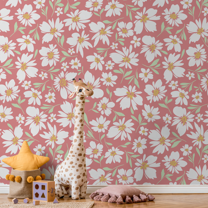 Pink Floral Daisies Wallpaper / Peel and Stick Wallpaper Removable Wallpaper Home Decor Wall Art Wall Decor Room Decor - C691