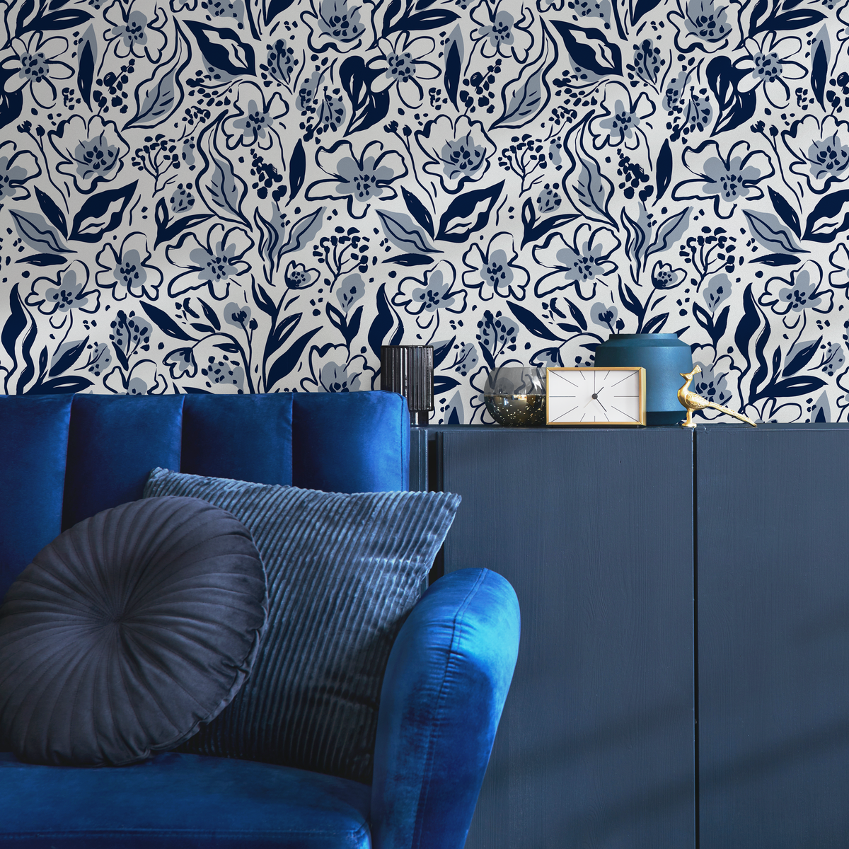 Floral Wallpaper with Painterly Blooms and Leaves in Navy and Blue - detail view