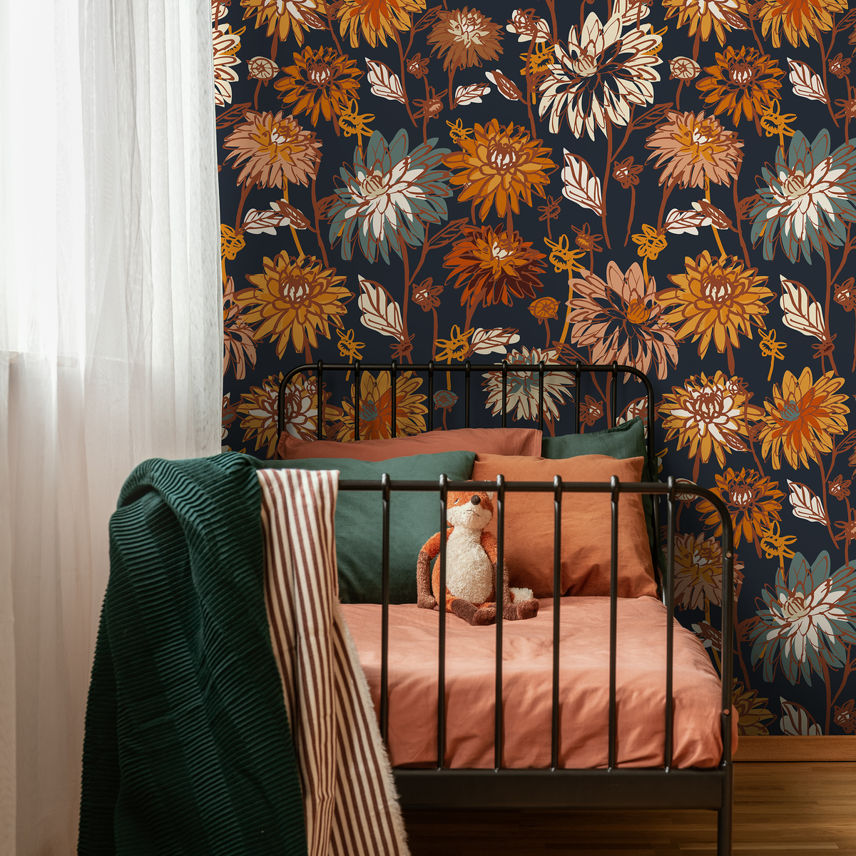 Floral Wallpaper with a Dahlia Motif in Orange, Yellow, and Navy - detail view