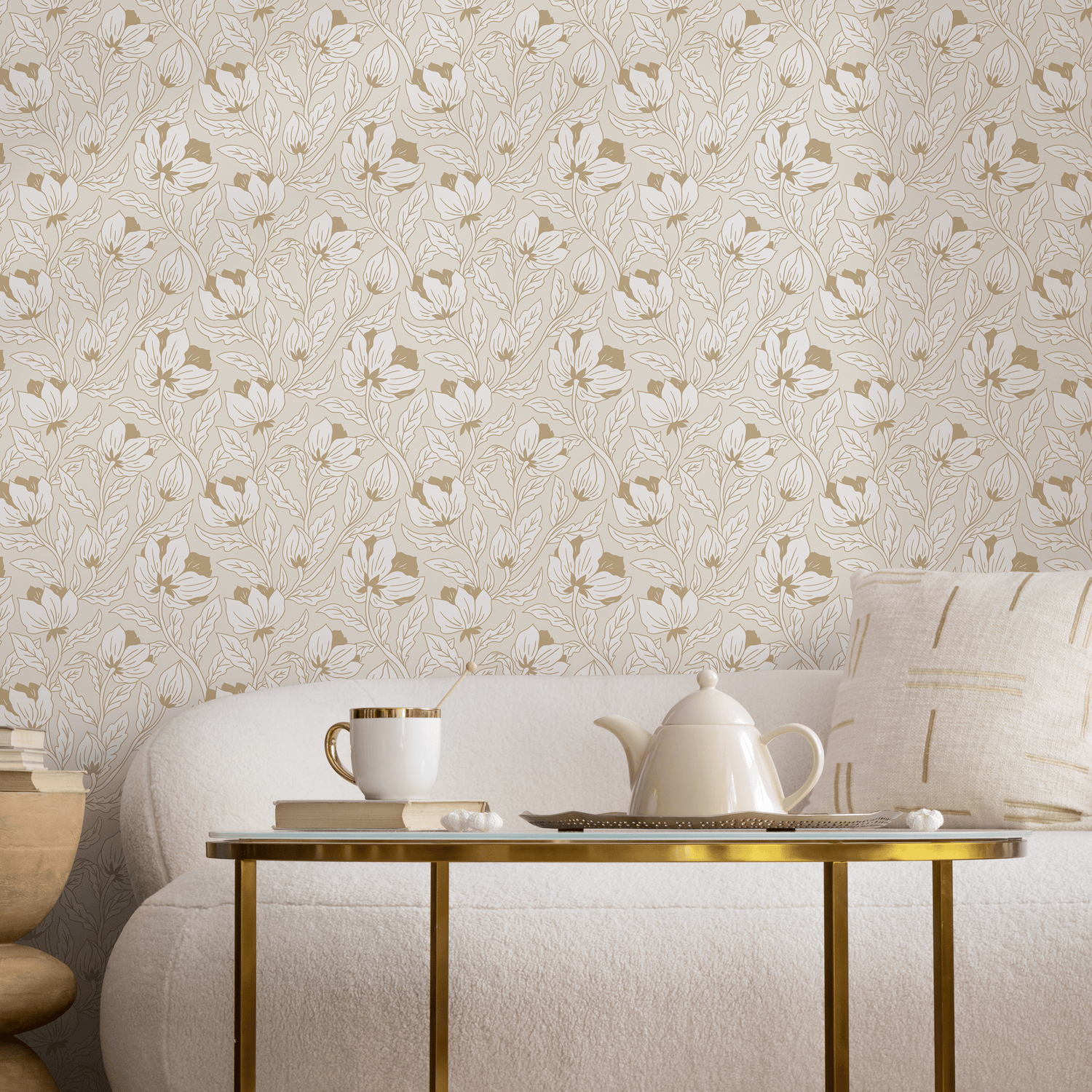 Papier peint beige floral Art nouveau / Papier peint autocollant Papier peint amovible Décoration d'intérieur Art mural Décoration murale Décoration de chambre - C694