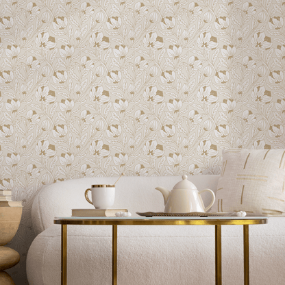 Beige Floral Art Nouveau Wallpaper / Peel and Stick Wallpaper Removable Wallpaper Home Decor Wall Art Wall Decor Room Decor - C694