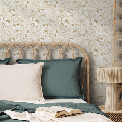 Beige Floral Art Nouveau Wallpaper / Peel and Stick Wallpaper Removable Wallpaper Home Decor Wall Art Wall Decor Room Decor - C694