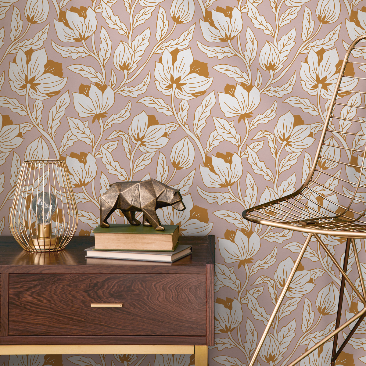 Art Nouveau Wallpaper with a Stylized Floral Motif in Pink, Cream, and Gold - detail view
