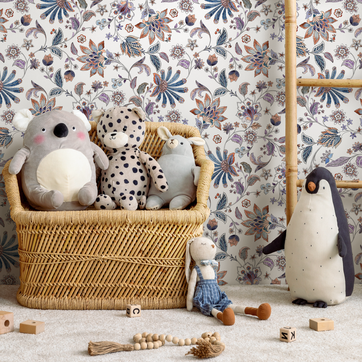 Floral Wallpaper with an Intricate Chintz Motif in Blue, Orange, and Purple - detail view