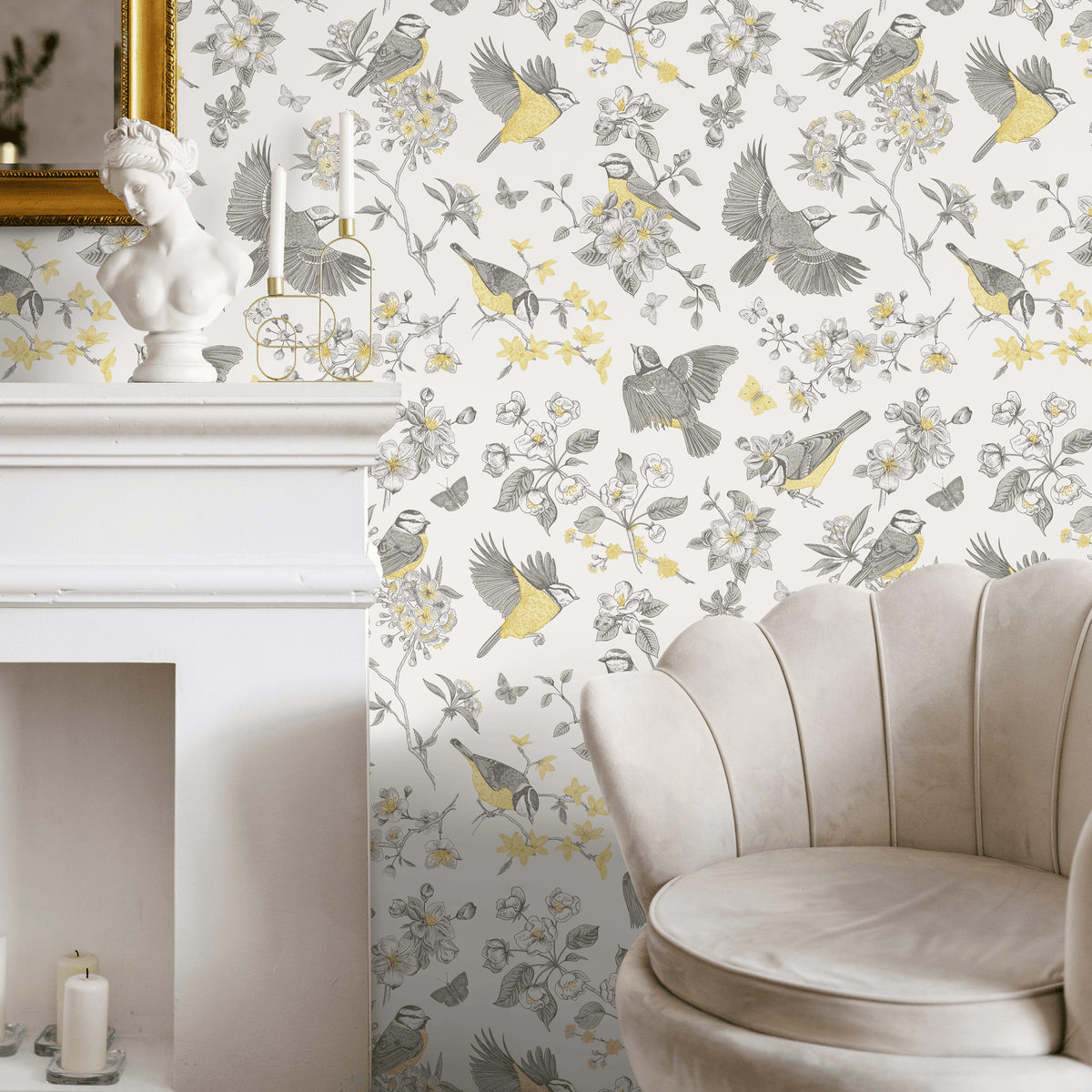 Bird Wallpaper Featuring Flowering Branches in Grey and Yellow - detail view
