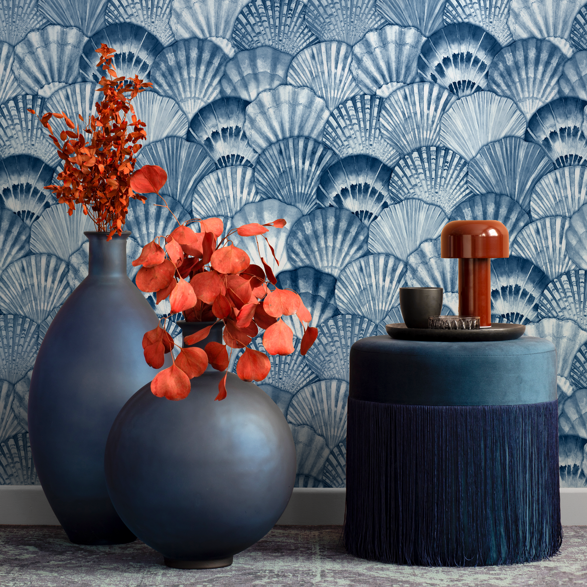 Coastal Wallpaper with a Watercolor Seashell Motif in Blue and White - detail view