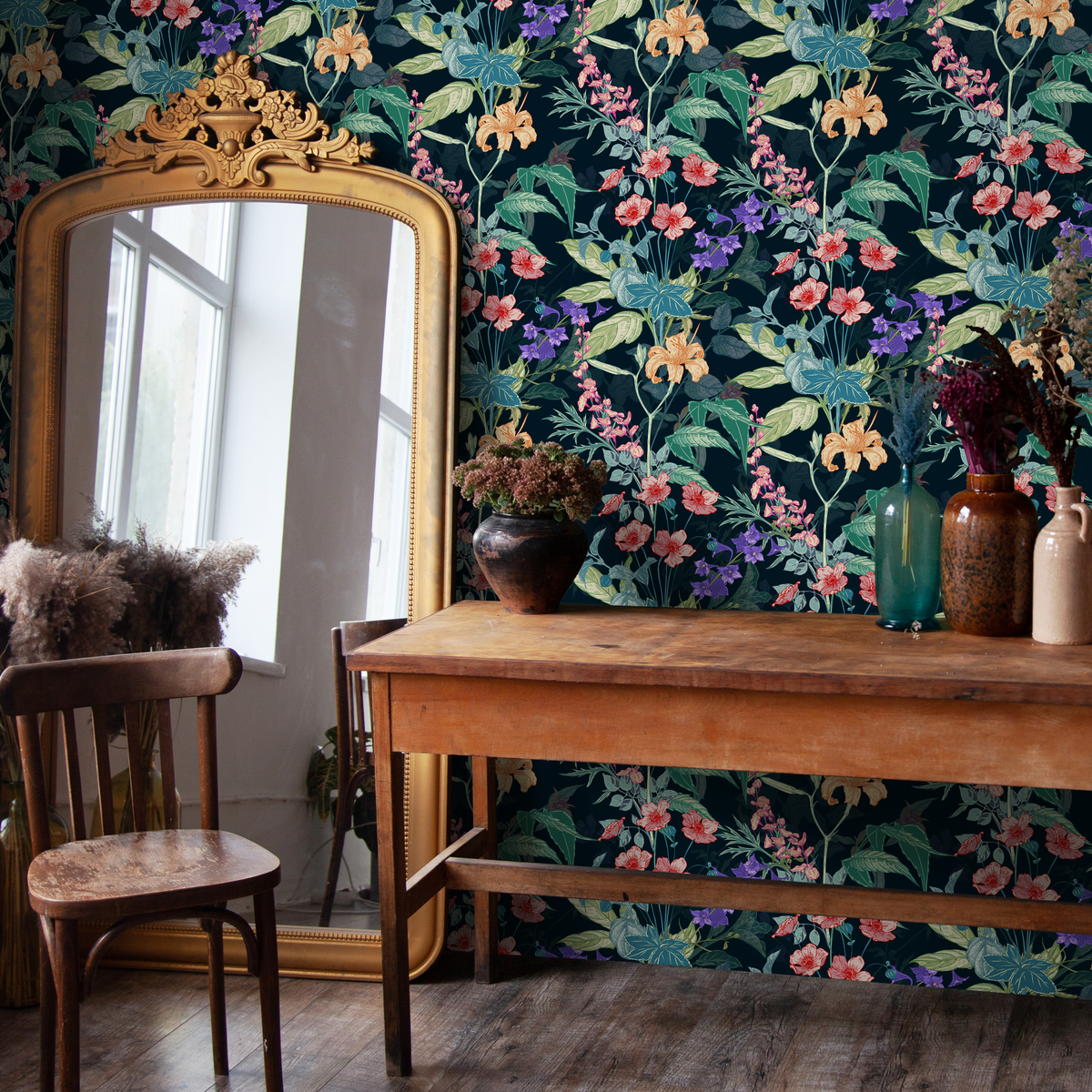 Floral Wallpaper Featuring Lilies and Wildflowers in Red, Orange, and Purple - detail view
