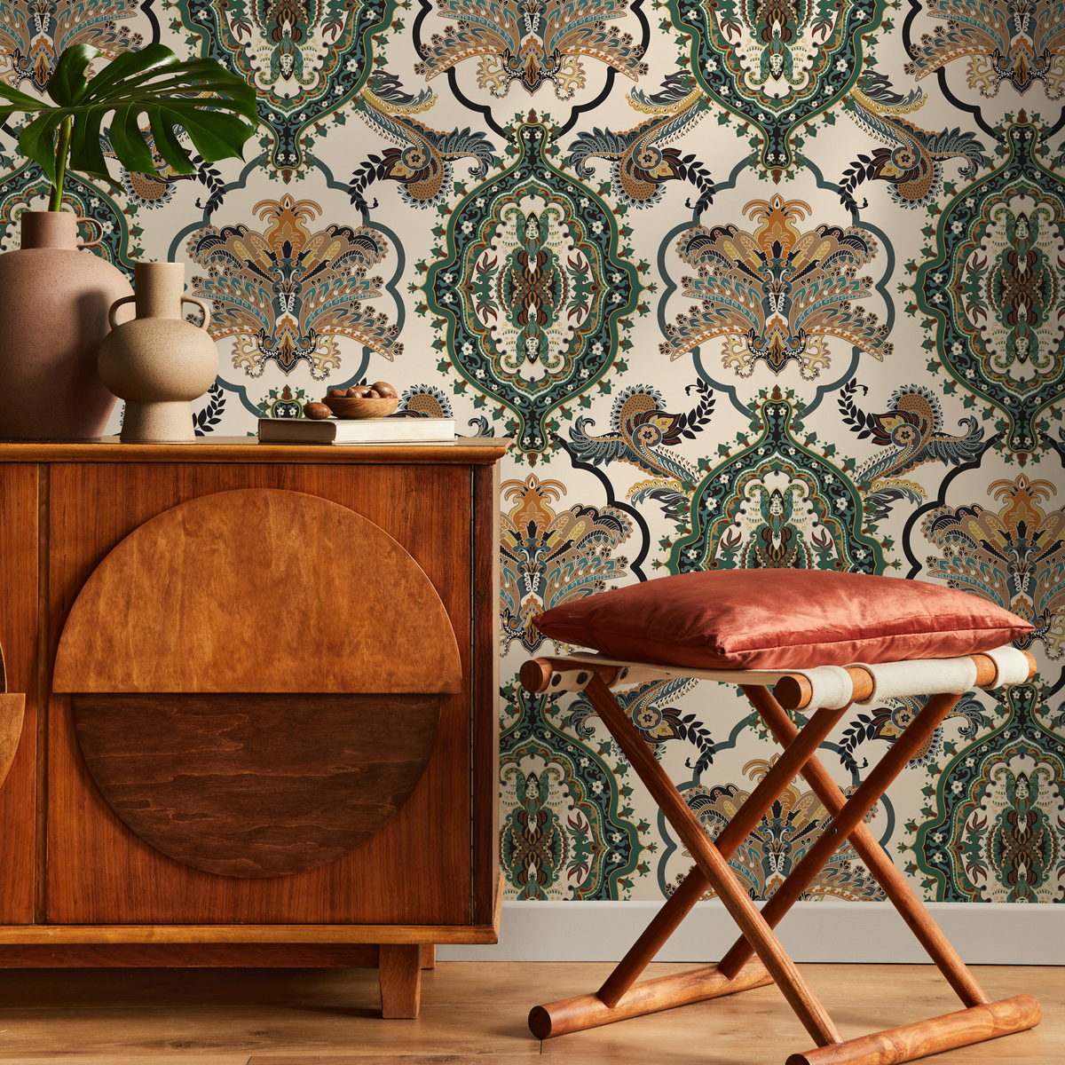 Damask Wallpaper with an Ornate Victorian Paisley Motif in Green, Gold, and Brown - detail view