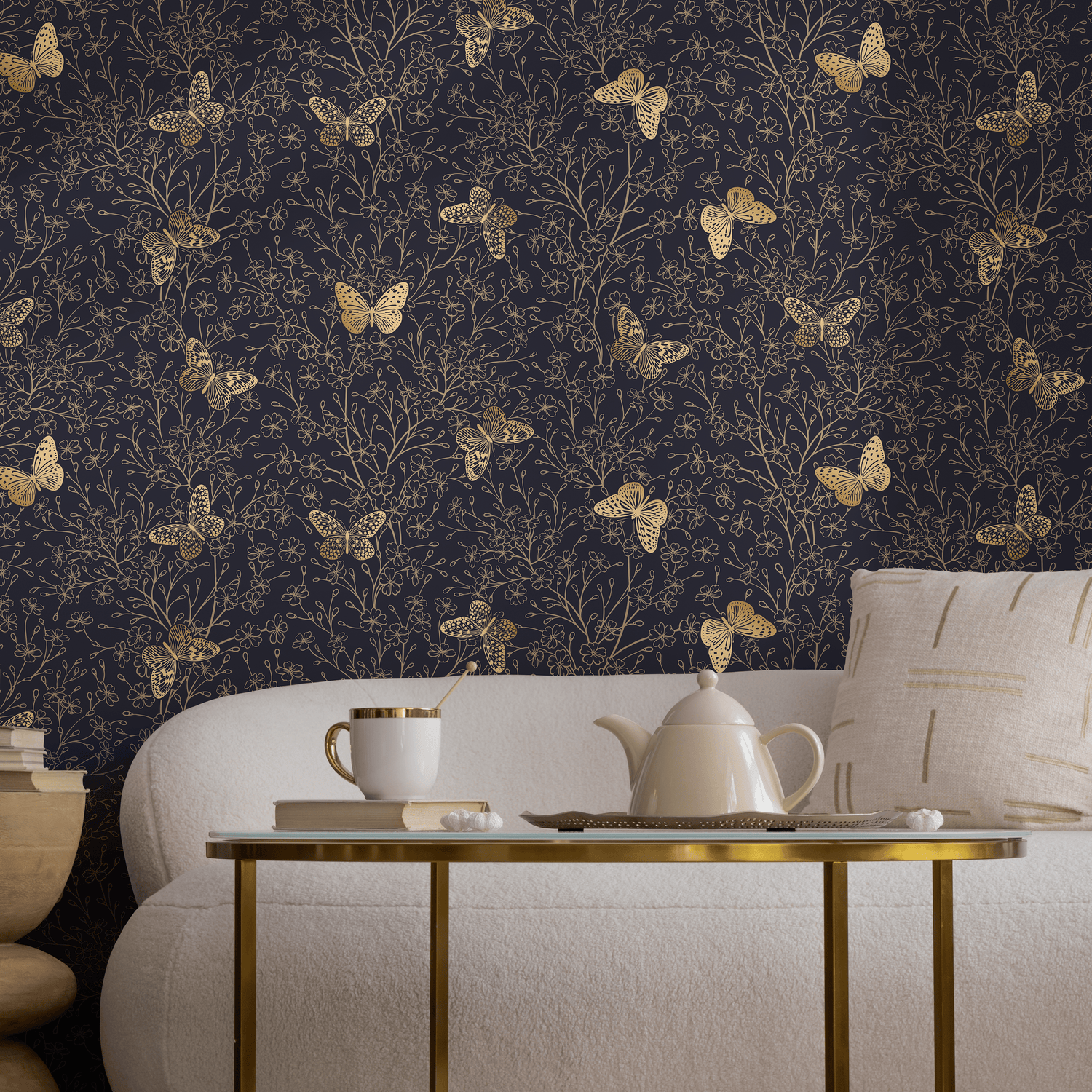 Gold and Navy Butterfly Floral / Peel and Stick Wallpaper Removable Wallpaper Home Decor Wall Art Wall Decor Room Decor - C702 - ONDECOR.COM