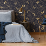 Gold and Navy Butterfly Floral / Peel and Stick Wallpaper Removable Wallpaper Home Decor Wall Art Wall Decor Room Decor - C702 - ONDECOR.COM