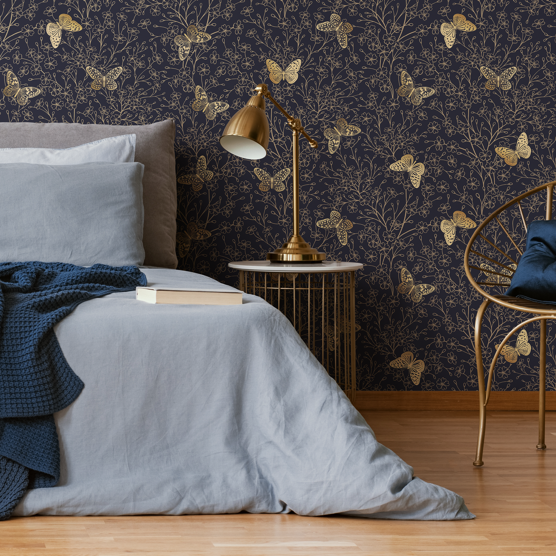 Gold and Navy Butterfly Floral / Peel and Stick Wallpaper Removable Wallpaper Home Decor Wall Art Wall Decor Room Decor - C702 - ONDECOR.COM