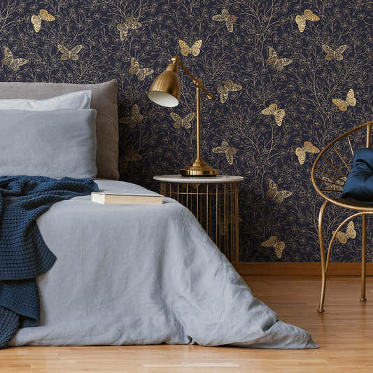 Gold and Navy Butterfly Floral / Peel and Stick Wallpaper Removable Wallpaper Home Decor Wall Art Wall Decor Room Decor - C702