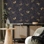 Gold and Navy Butterfly Floral / Peel and Stick Wallpaper Removable Wallpaper Home Decor Wall Art Wall Decor Room Decor - C702 - ONDECOR.COM