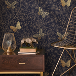 Gold and Navy Butterfly Floral / Peel and Stick Wallpaper Removable Wallpaper Home Decor Wall Art Wall Decor Room Decor - C702 - ONDECOR.COM