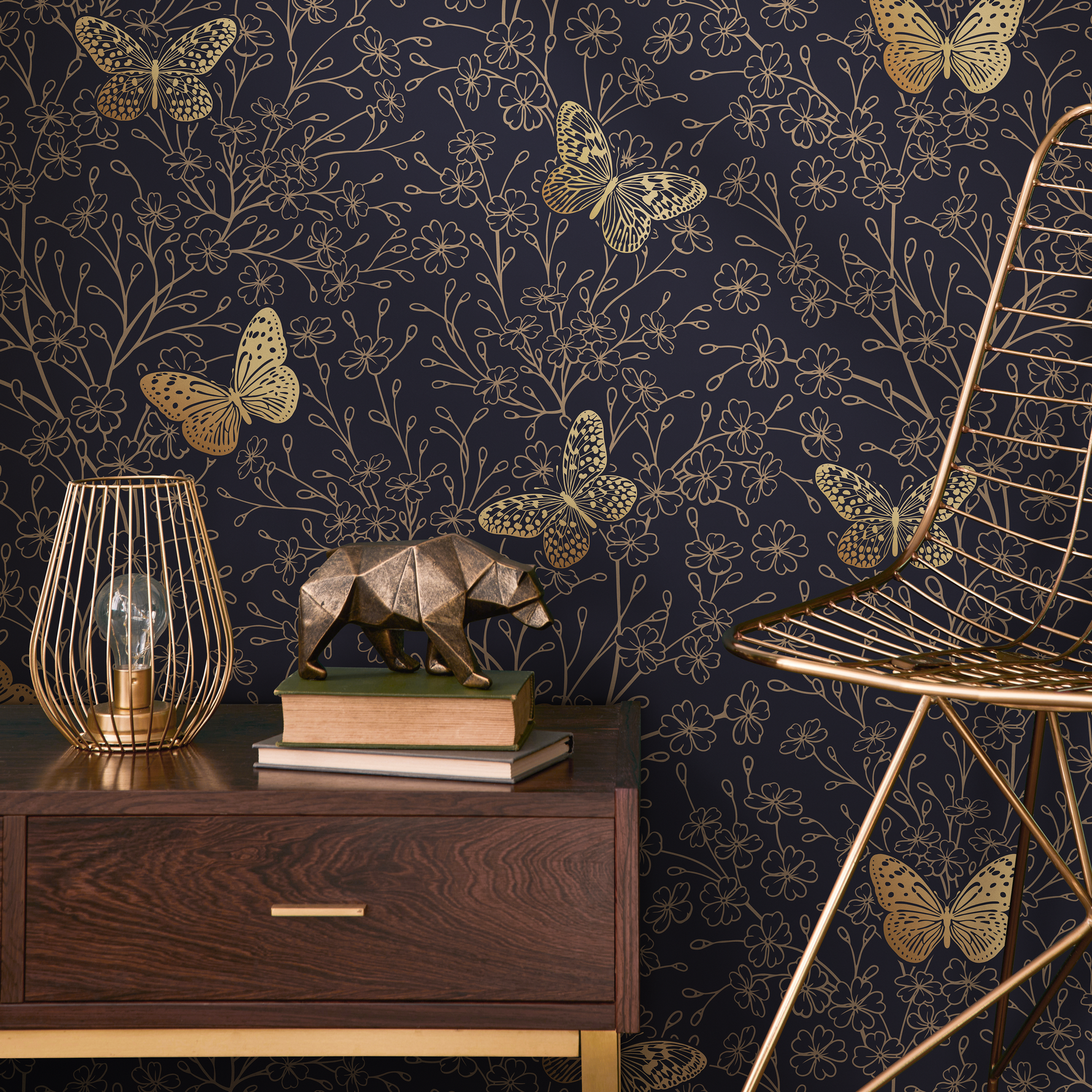 Gold and Navy Butterfly Floral / Peel and Stick Wallpaper Removable Wallpaper Home Decor Wall Art Wall Decor Room Decor - C702 - ONDECOR.COM