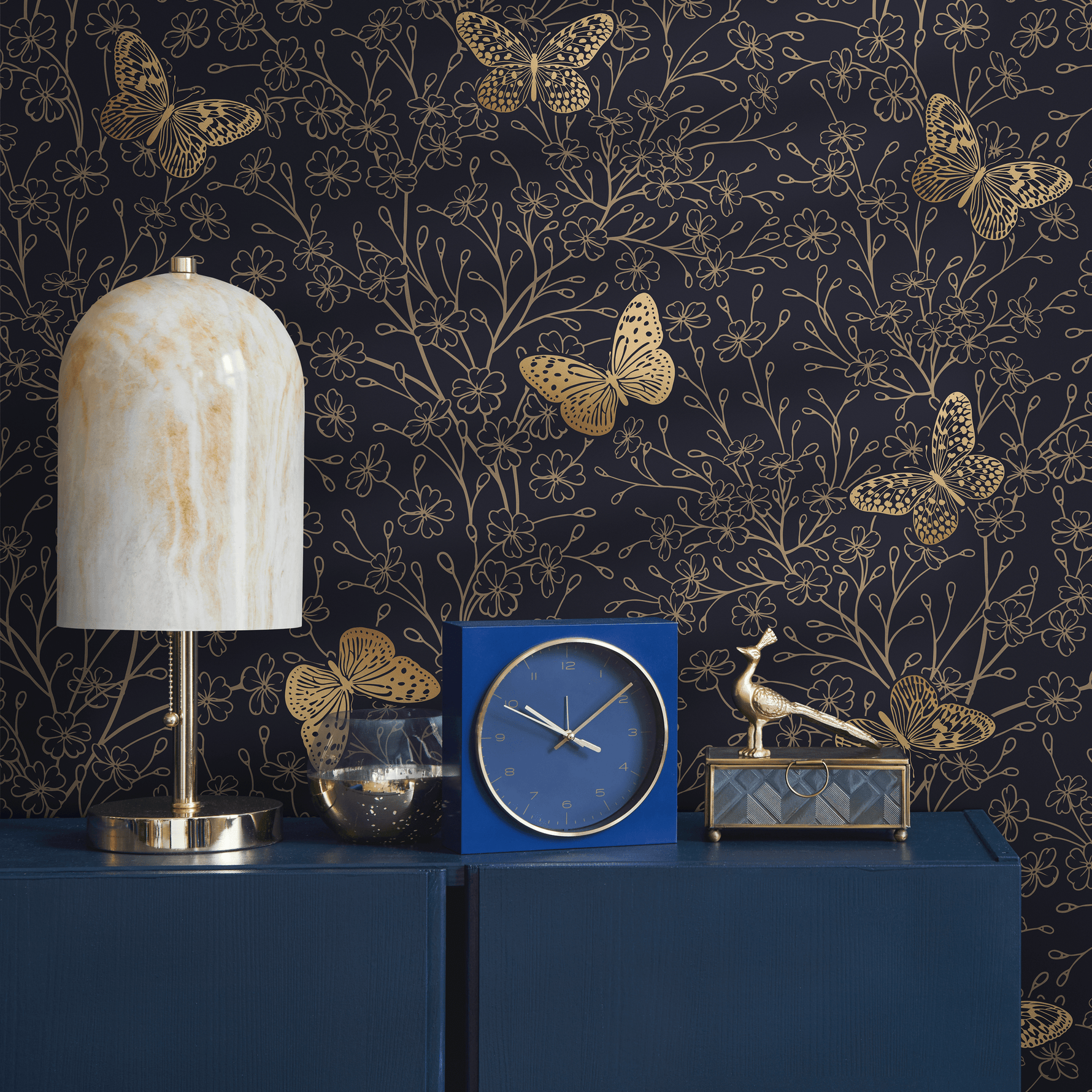 Gold and Navy Butterfly Floral / Peel and Stick Wallpaper Removable Wallpaper Home Decor Wall Art Wall Decor Room Decor - C702 - ONDECOR.COM