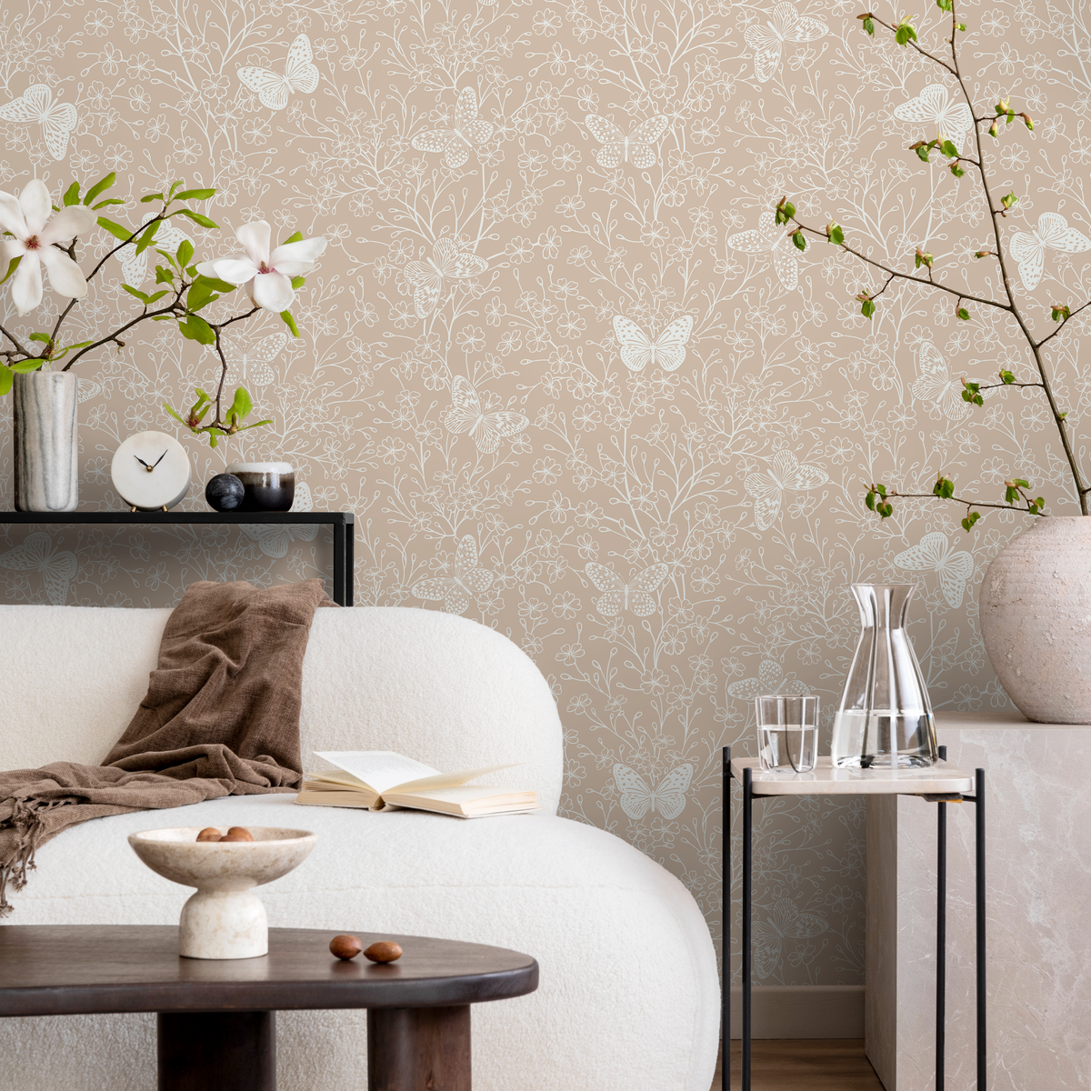 Butterfly Wallpaper with Delicate Floral Branches in Beige and White - detail view