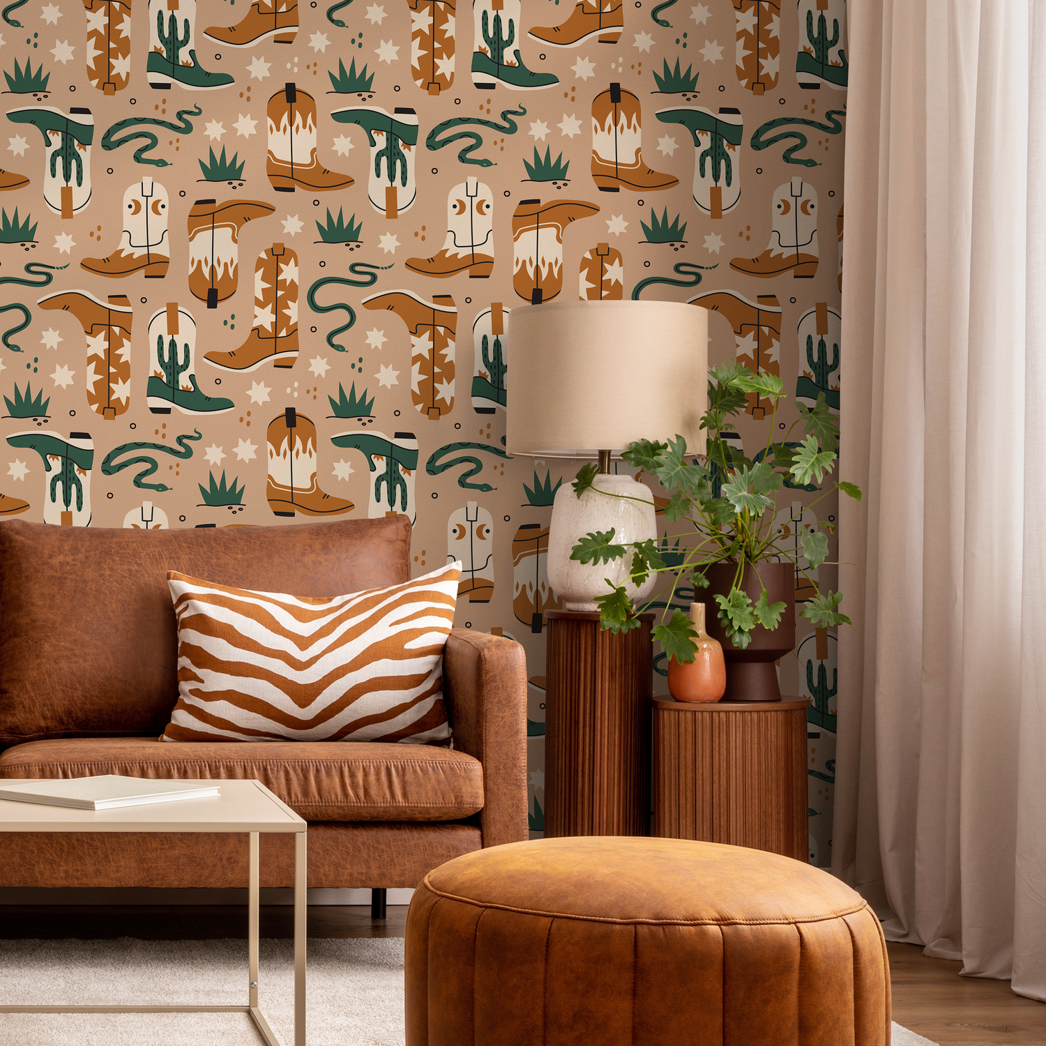 Papel pintado beige con botas vaqueras y serpientes. Papel pintado autoadhesivo. Papel pintado extraíble. Decoración del hogar. Arte de pared. Decoración de habitaciones. C704