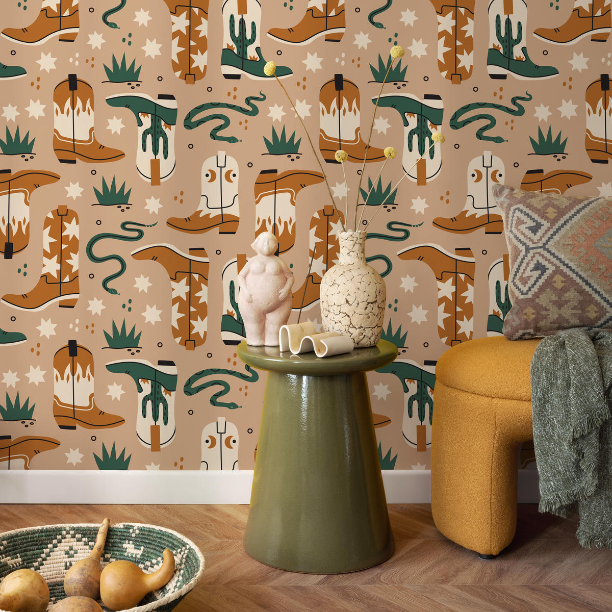 Western Wallpaper with Cowboy Boots and Snakes in Beige, Brown, and Green - detail view