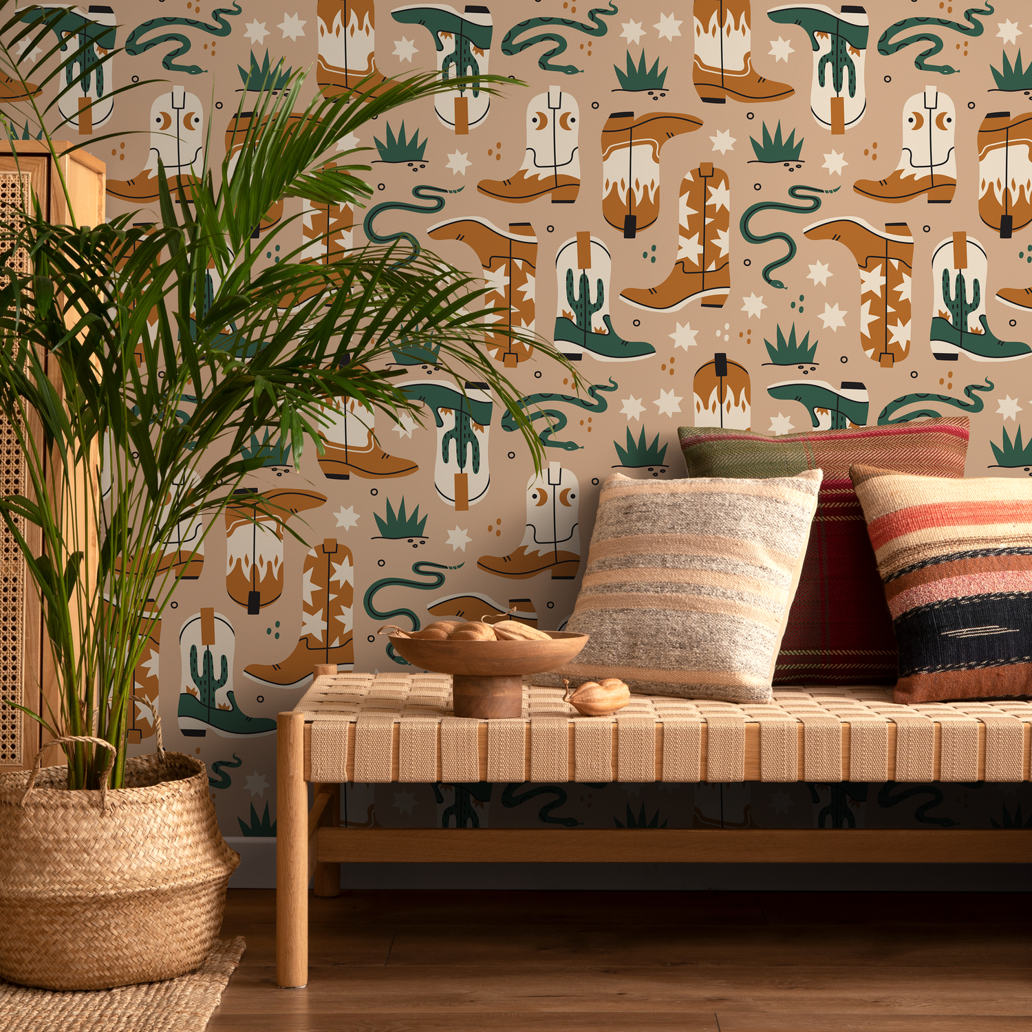 Papel pintado beige con botas vaqueras y serpientes. Papel pintado autoadhesivo. Papel pintado extraíble. Decoración del hogar. Arte de pared. Decoración de habitaciones. C704