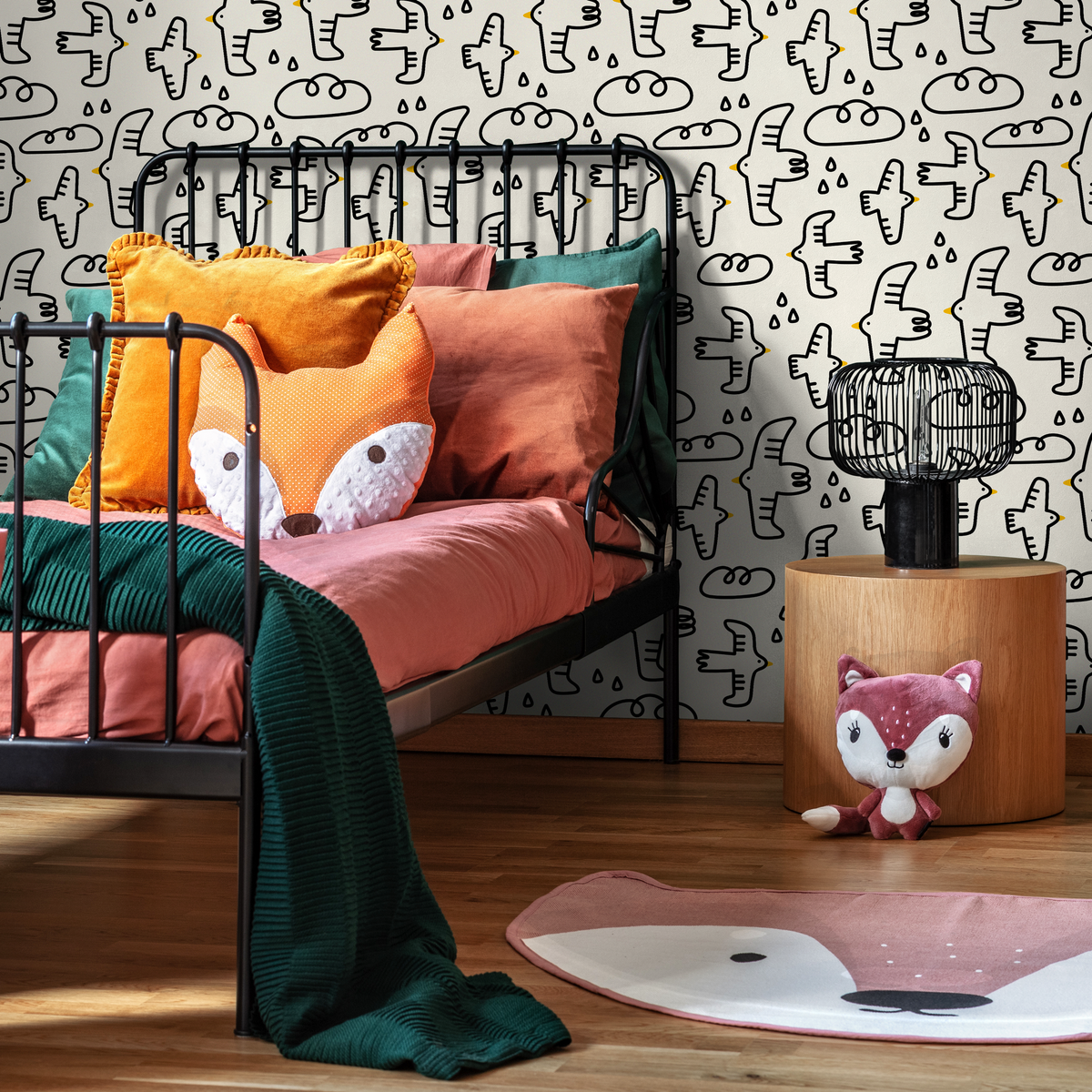 Kids Wallpaper with Hand-Drawn Birds and Clouds in Black and Yellow - detail view