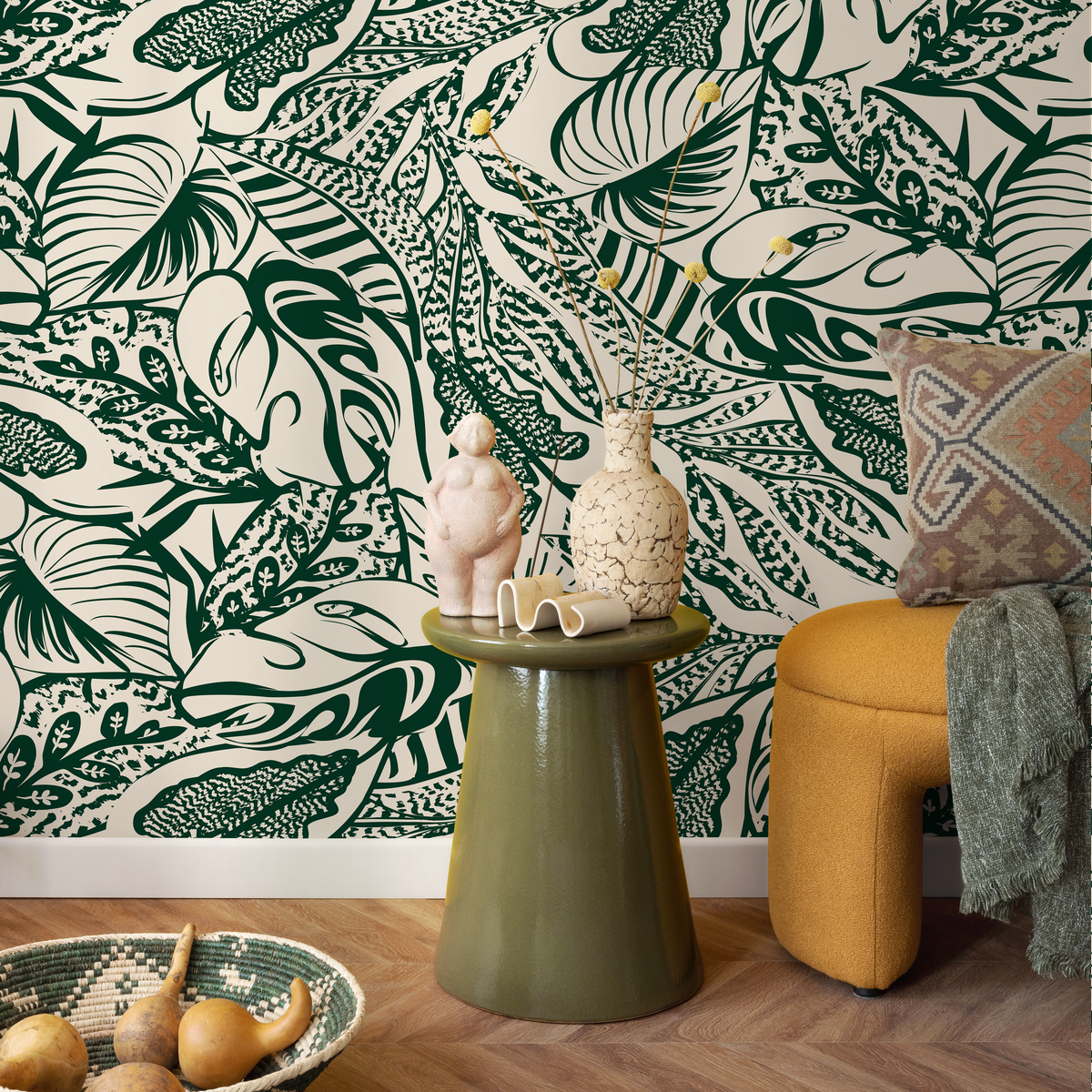 Abstract Wallpaper with a Bold Leaf Motif in Green and Cream - detail view