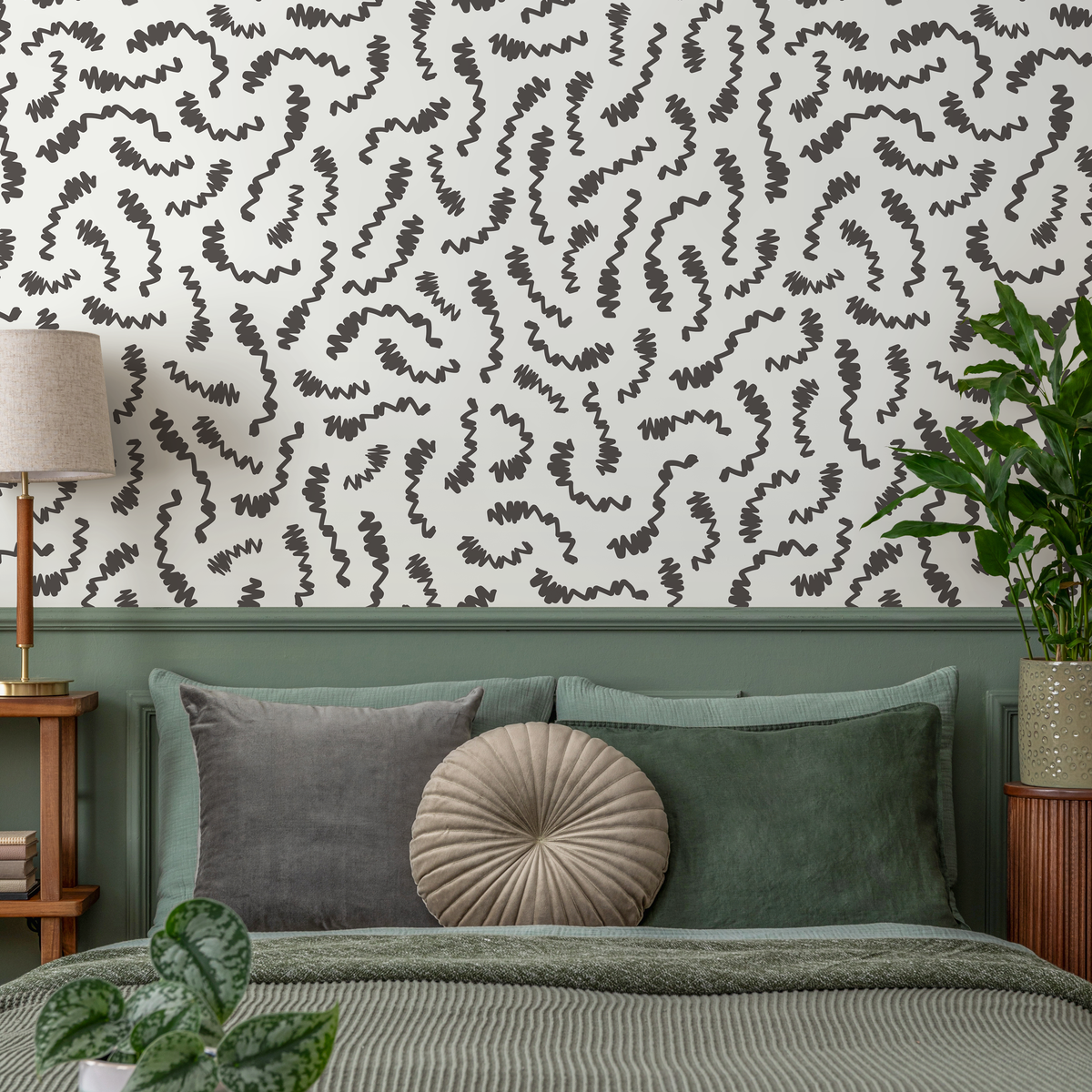 Abstract Wallpaper with Wavy Lines in Charcoal and Light Grey - detail view