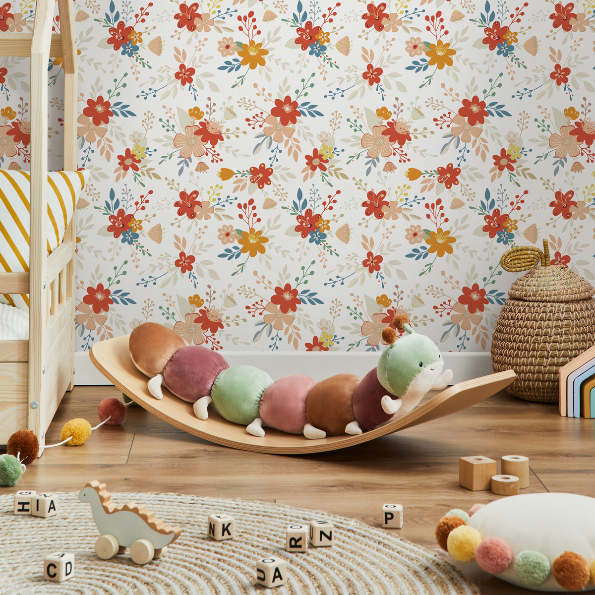 Floral Wallpaper with a Cute Folk Art Motif in Red, Yellow, and Blue - detail view