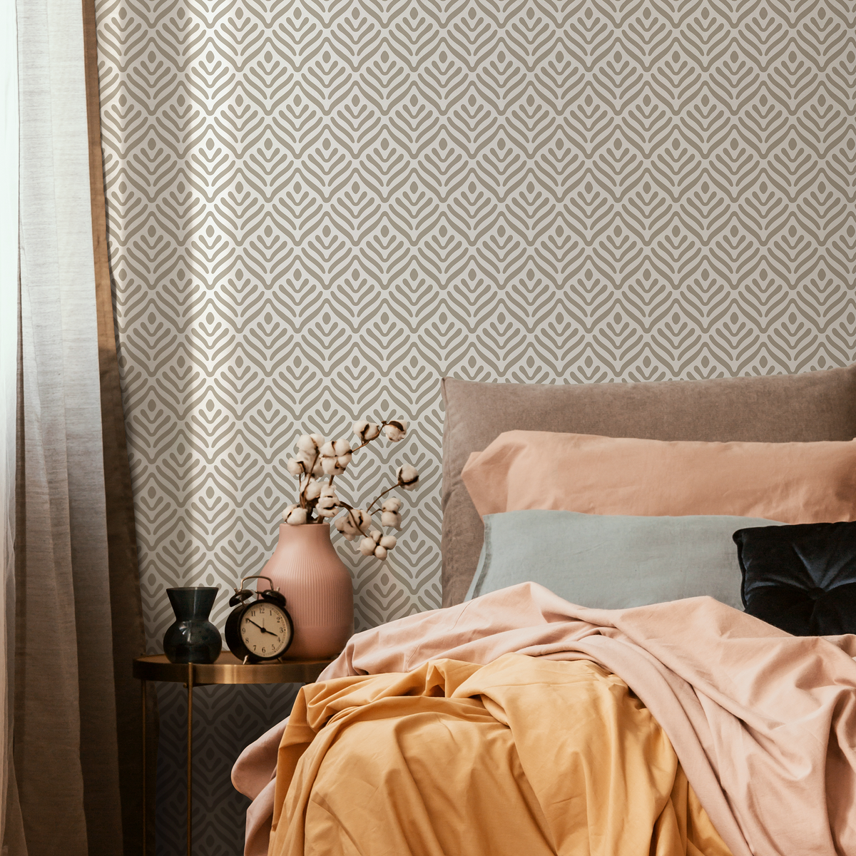 Geometric Wallpaper with a Stylized Leaf Pattern in Greige - detail view