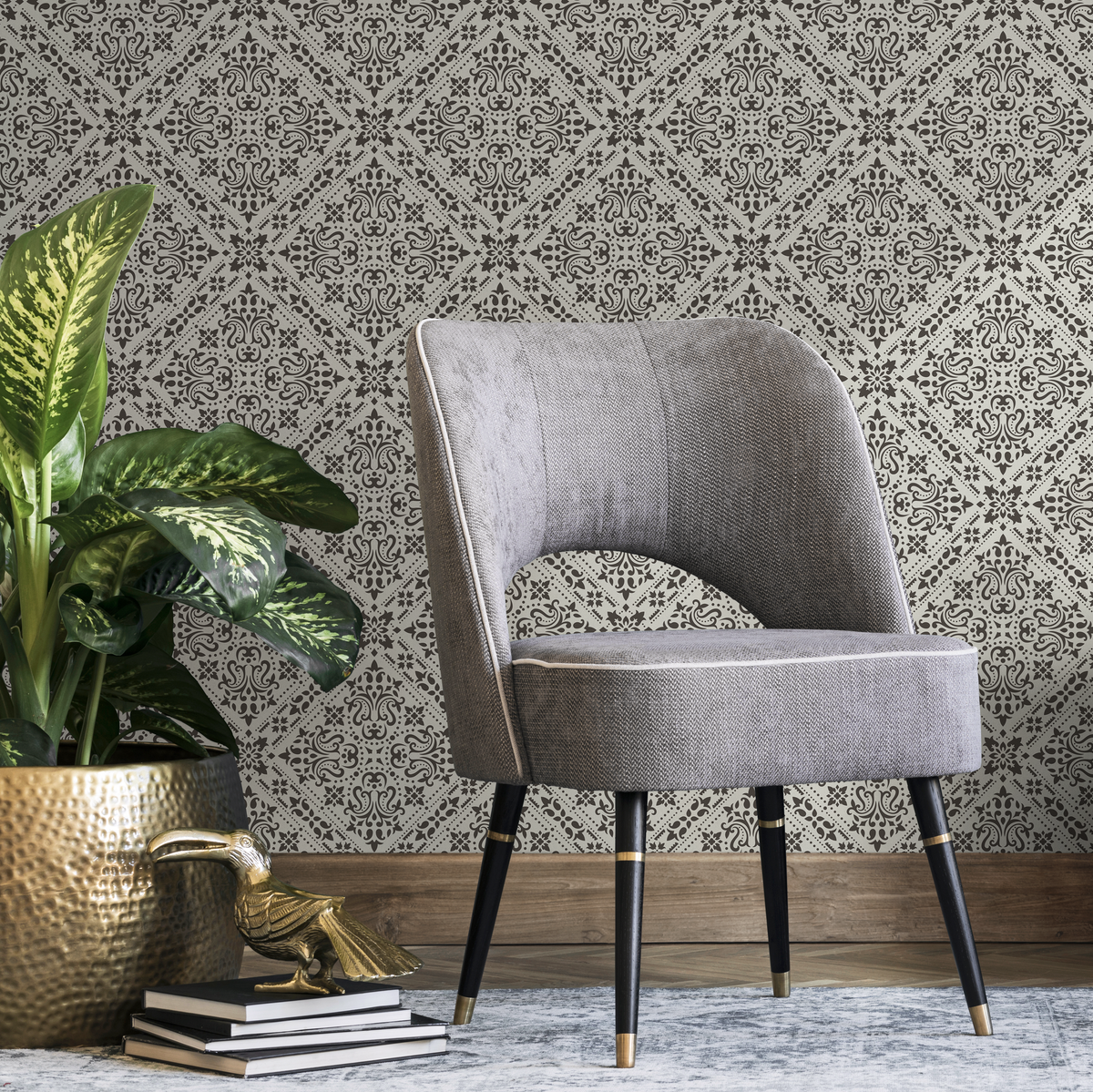 Tile Wallpaper with an Intricate Moroccan Motif in Black and Off-White - detail view