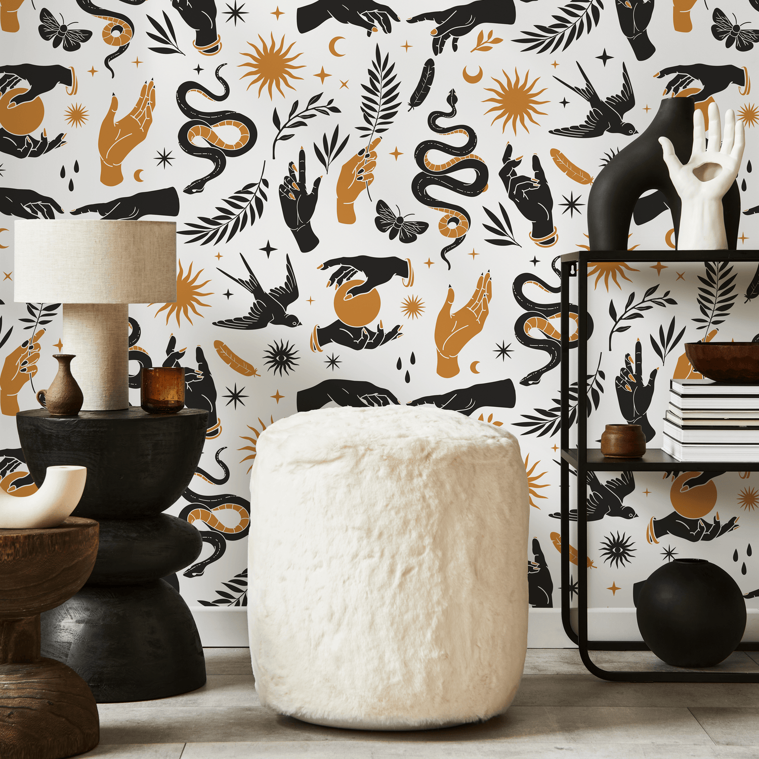 Mystical Wallpaper with Celestial Hands, Snakes, and Moons in Black and Gold - C715