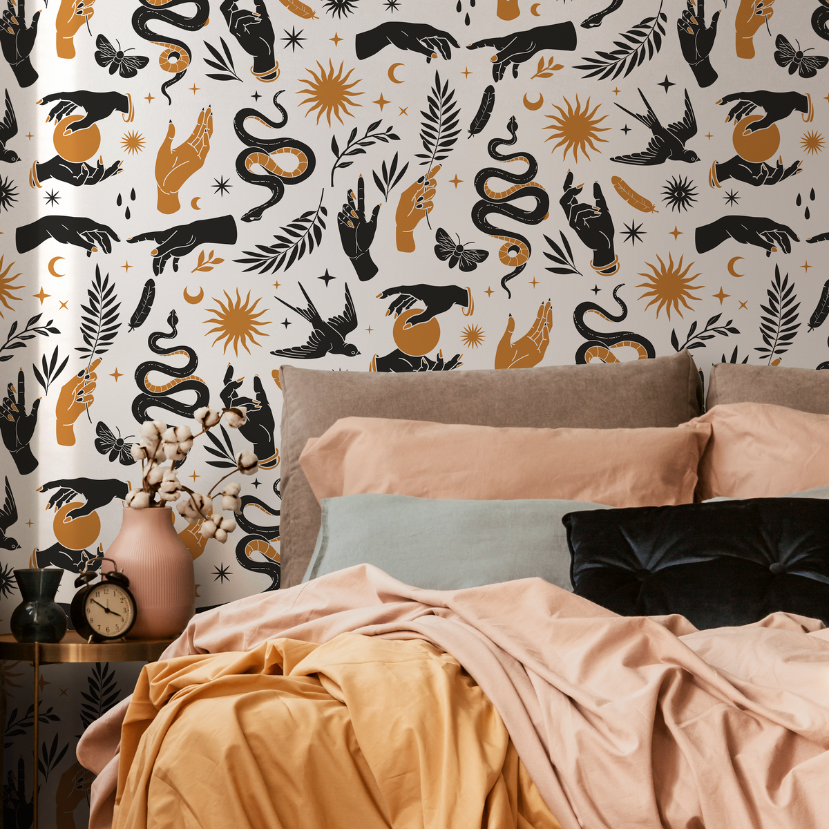Mystical Wallpaper with Celestial Hands, Snakes, and Moons in Black and Gold - detail view