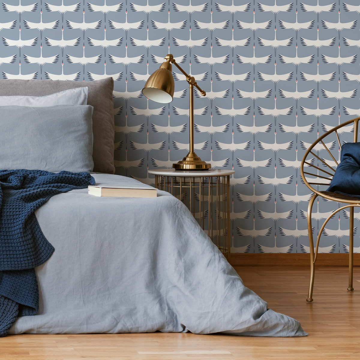 Birds Wallpaper with a Japanese Crane Motif in Light Blue, White, and Black - detail view