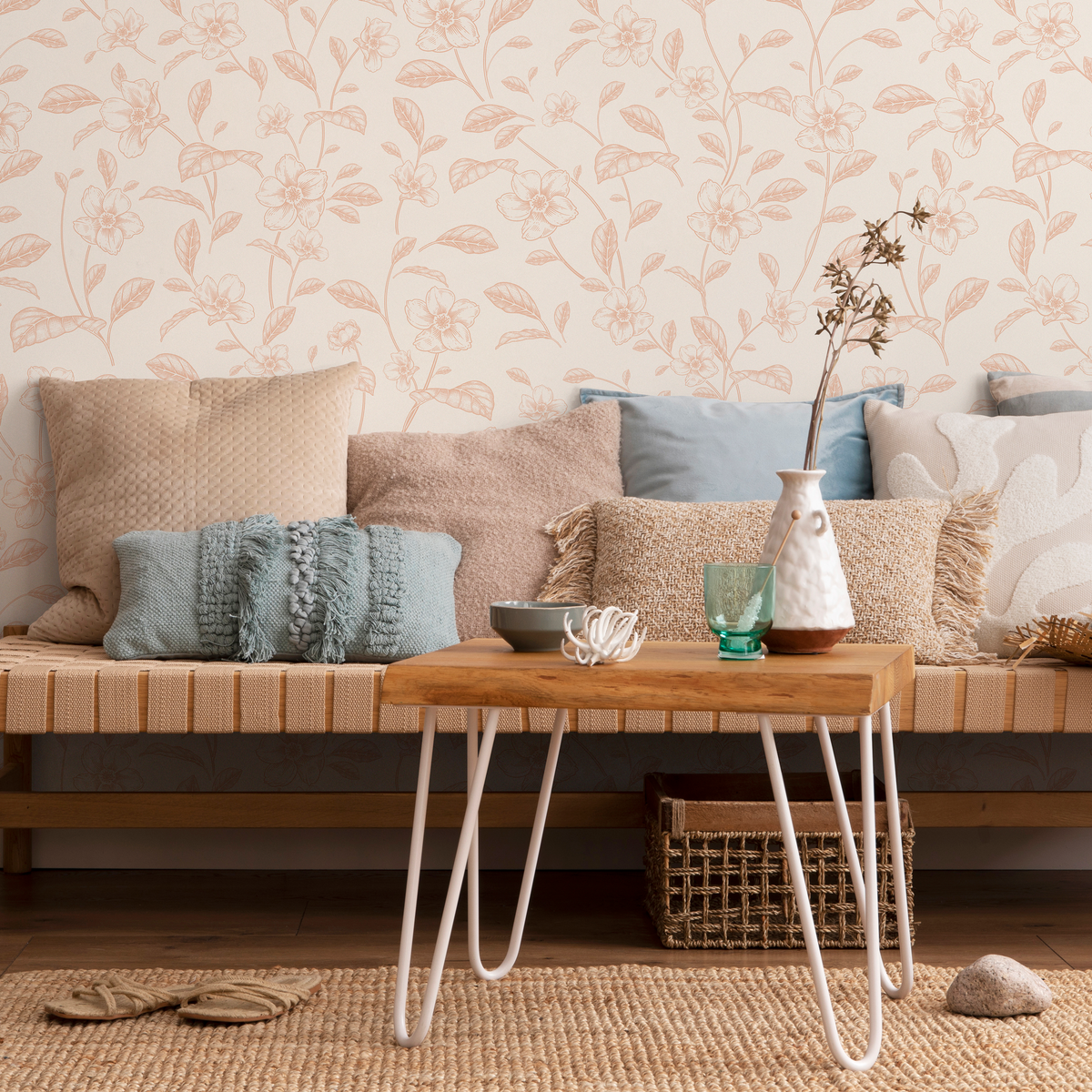 Floral Wallpaper with a Vine Motif in Pink and Beige - detail view
