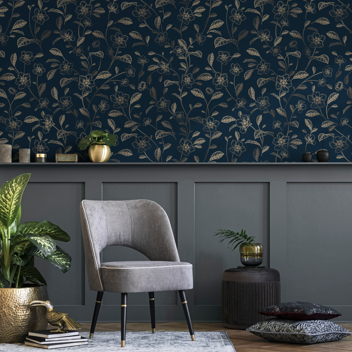 Floral Wallpaper with a Vintage Botanical Motif in Navy Blue and Gold - detail view