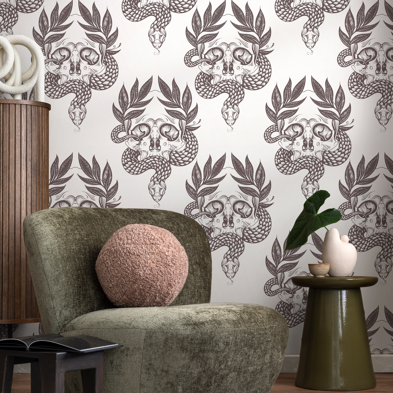 Papel tapiz bohemio con calaveras y serpientes / Papel tapiz autoadhesivo extraíble, decoración del hogar, arte de pared, decoración de habitaciones - C720