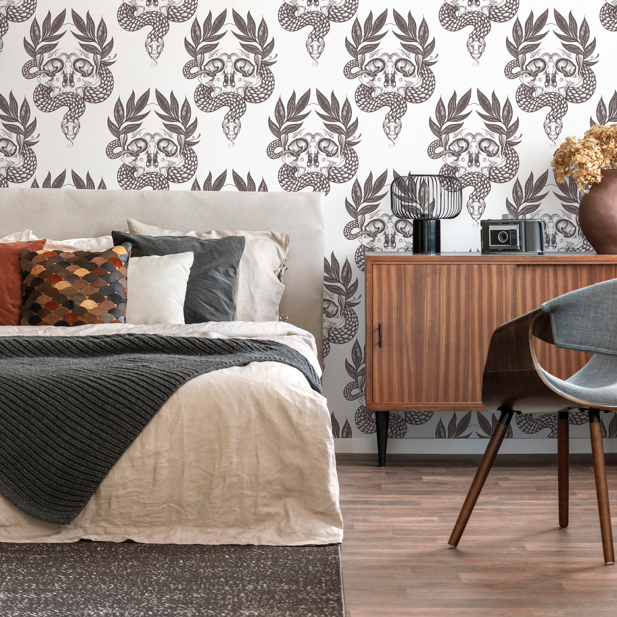 Gothic Wallpaper with a Snake and Skull Damask in Taupe - detail view