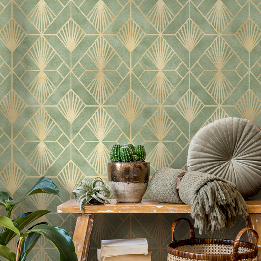 Green and Gold Art Deco Wallpaper / Peel and Stick Wallpaper Removable Wallpaper Home Decor Wall Art Wall Decor Room Decor - C721