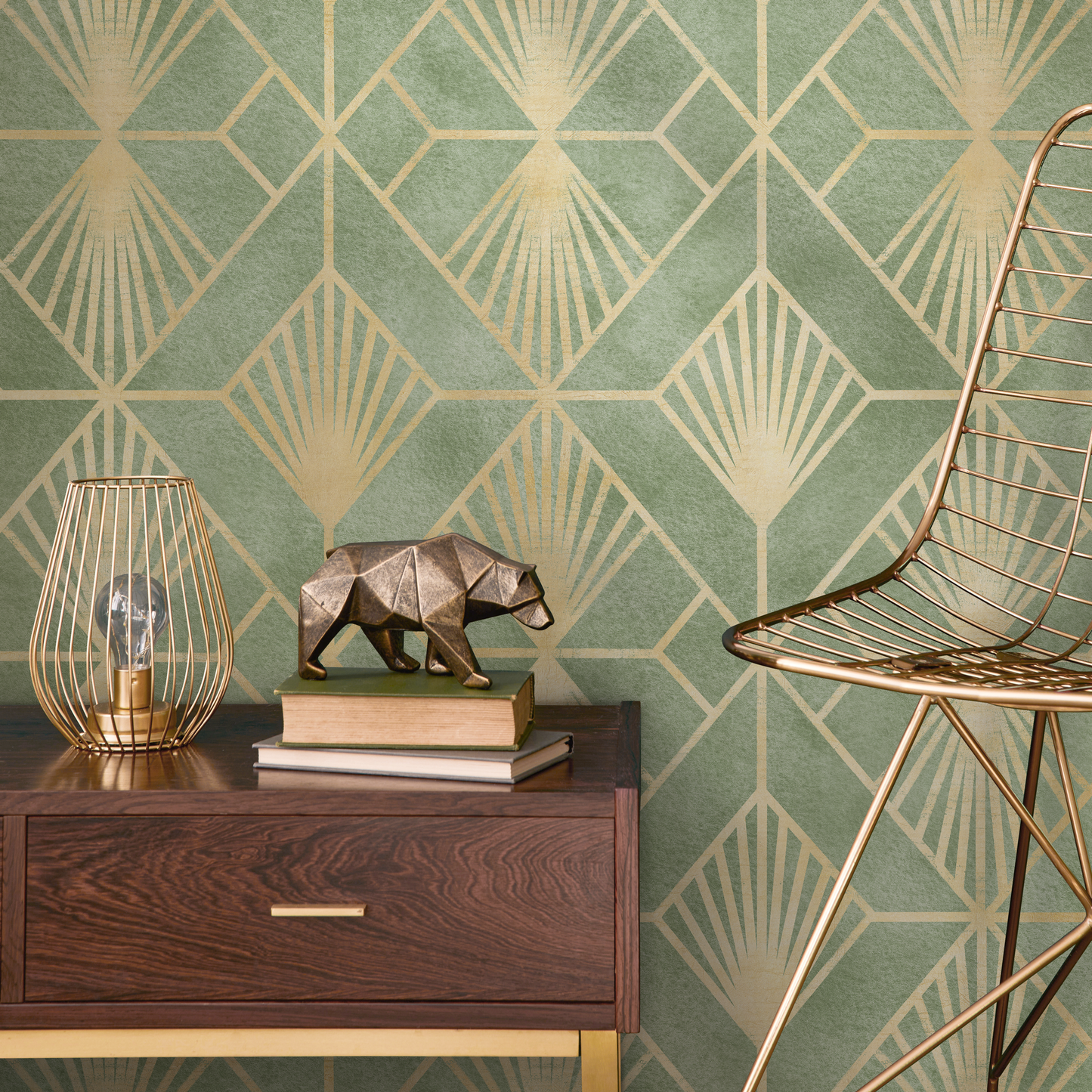 Green and Gold Art Deco Wallpaper / Peel and Stick Wallpaper Removable Wallpaper Home Decor Wall Art Wall Decor Room Decor - C721