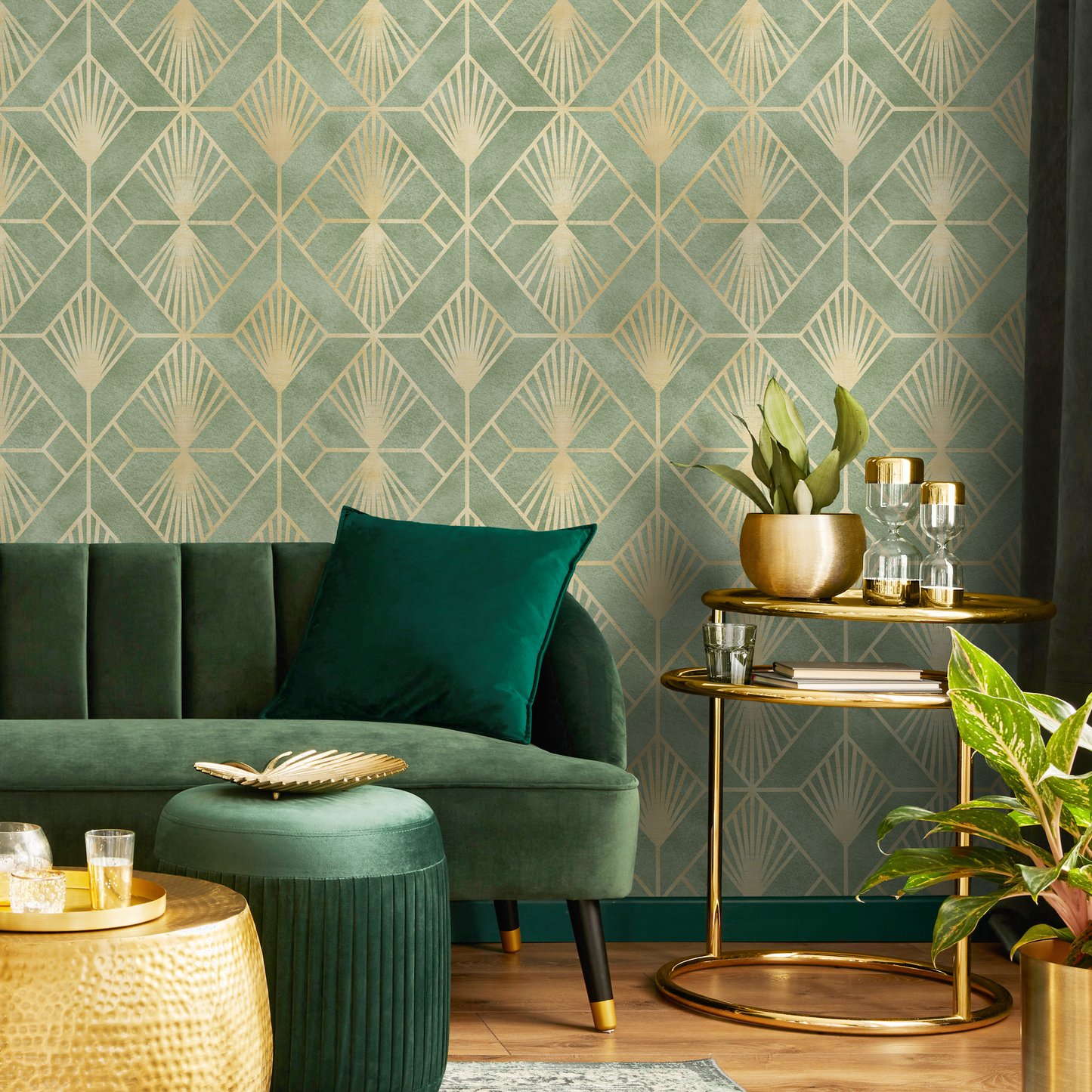 Green and Gold Art Deco Wallpaper / Peel and Stick Wallpaper Removable Wallpaper Home Decor Wall Art Wall Decor Room Decor - C721