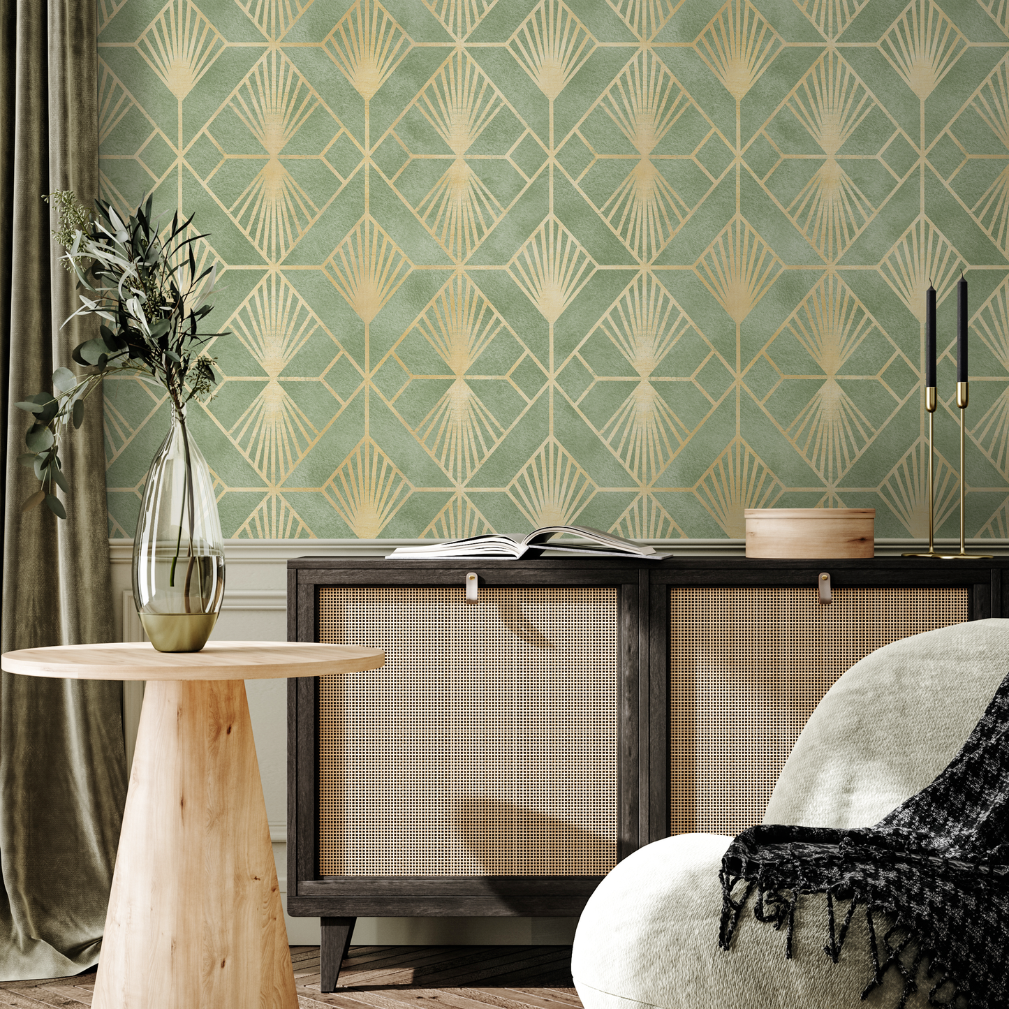 Green and Gold Art Deco Wallpaper / Peel and Stick Wallpaper Removable Wallpaper Home Decor Wall Art Wall Decor Room Decor - C721