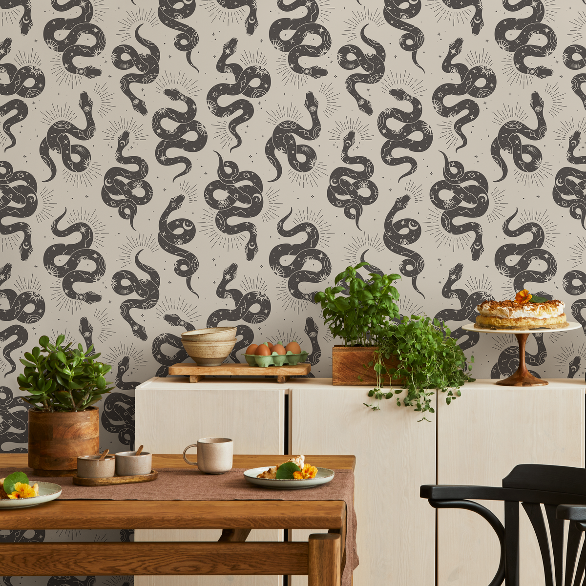 Celestial Wallpaper with Mystical Snakes and Moons in Charcoal and Beige - detail view