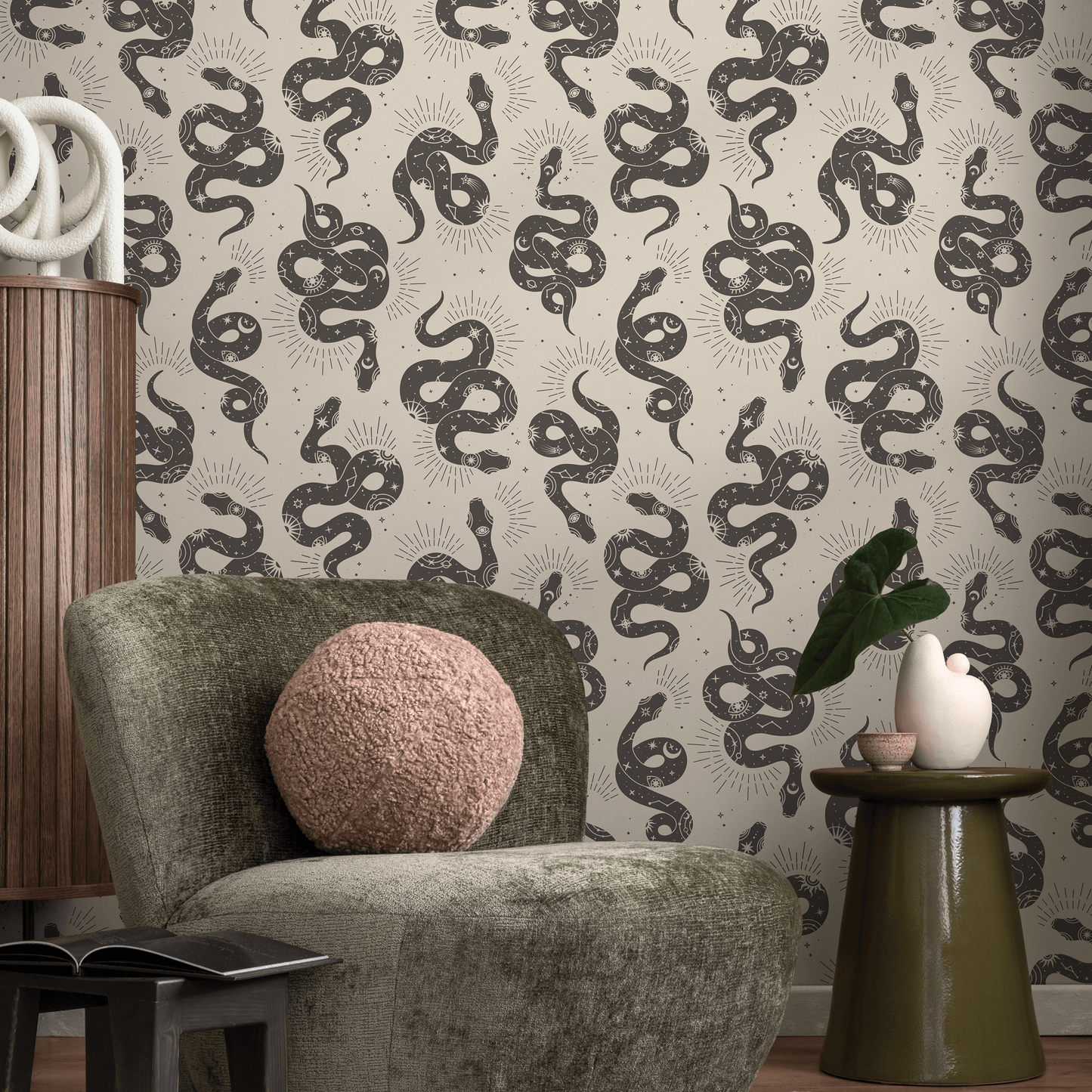 Gray Snake Boho Wallpaper / Peel and Stick Wallpaper Removable Wallpaper Home Decor Wall Art Wall Decor Room Decor - C723