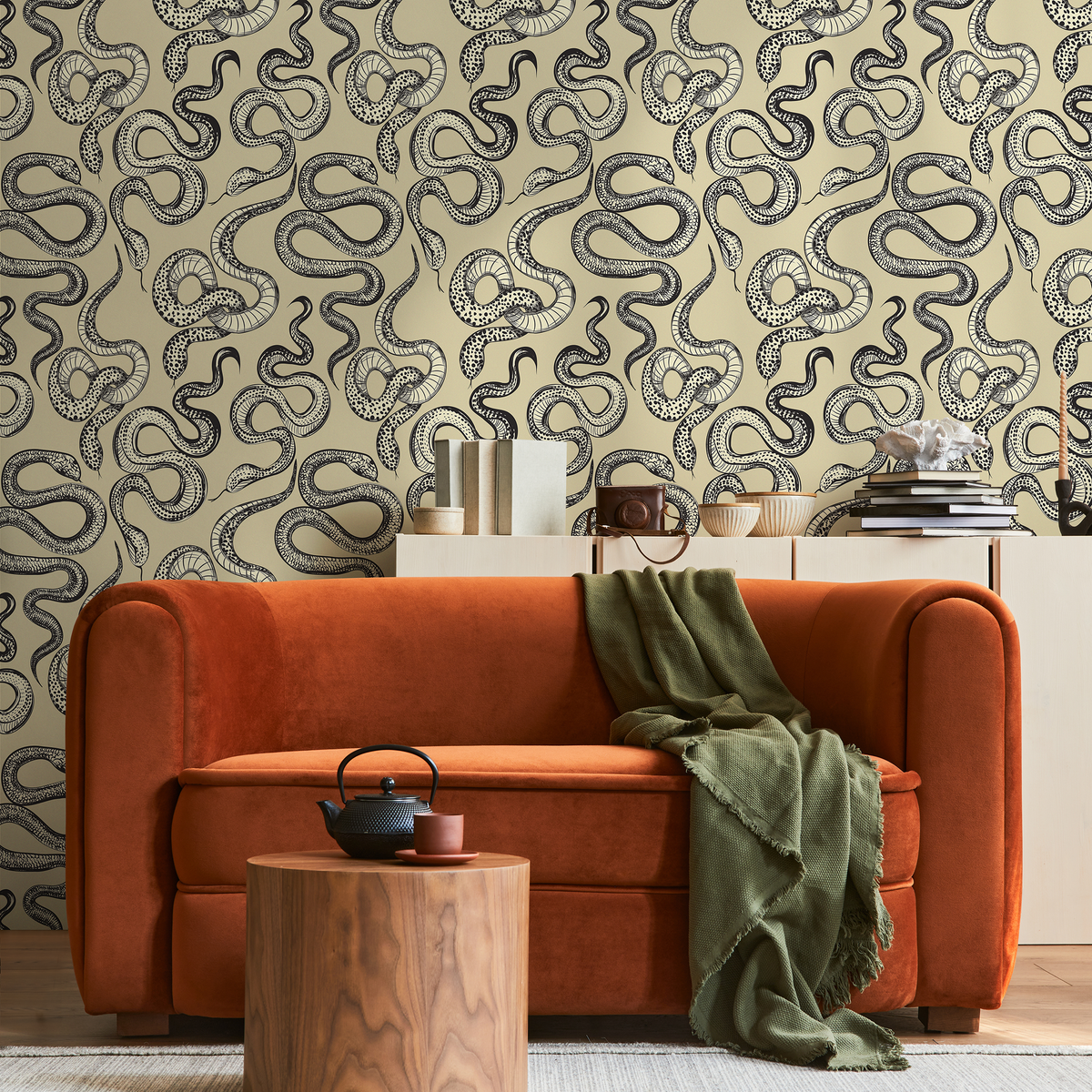 Animal Wallpaper with a Hand-Drawn Snake Motif in Beige and Black - detail view