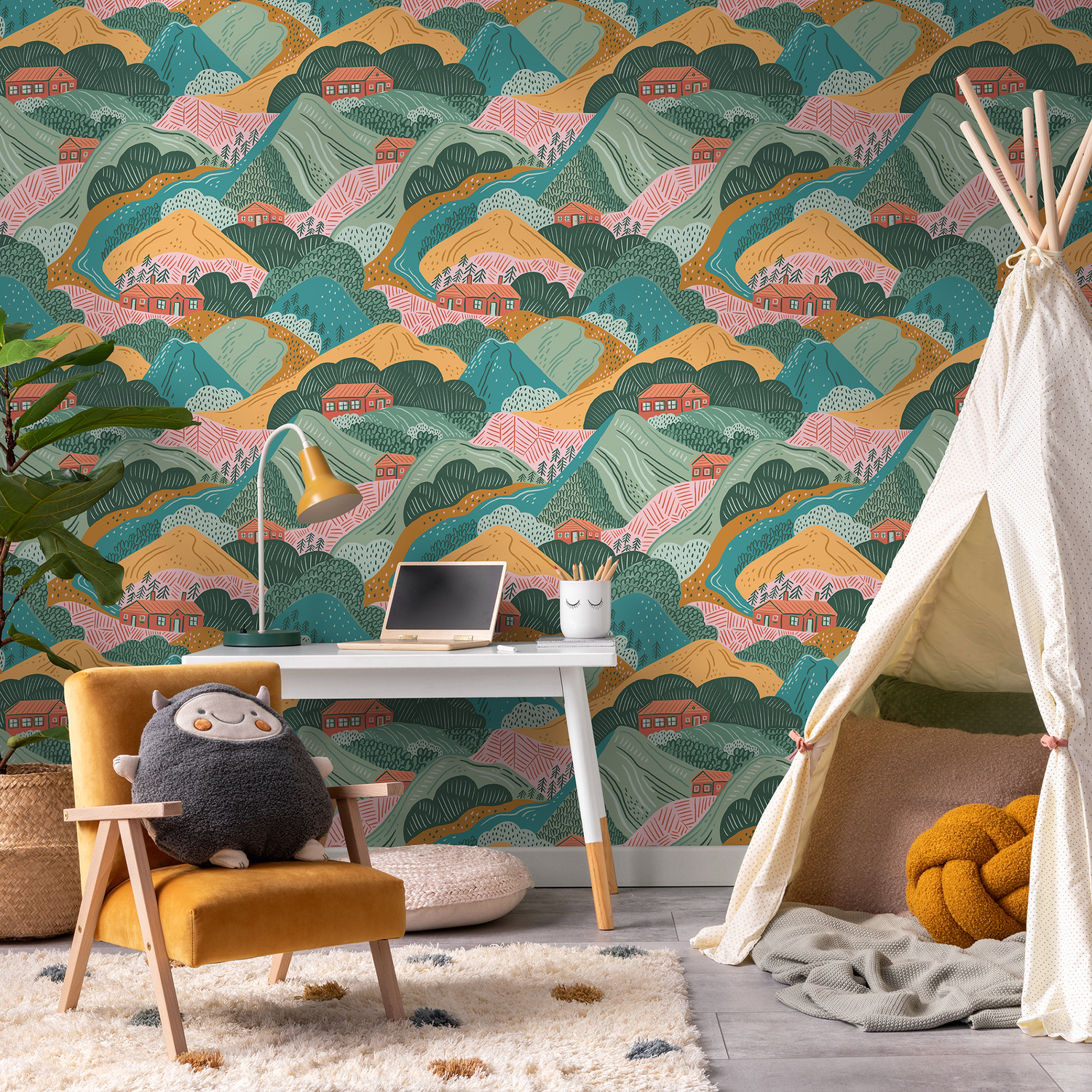 Colorful Mountains Kids Wallpaper / Peel and Stick Wallpaper Removable Wallpaper Home Decor Wall Art Wall Decor Room Decor - C725