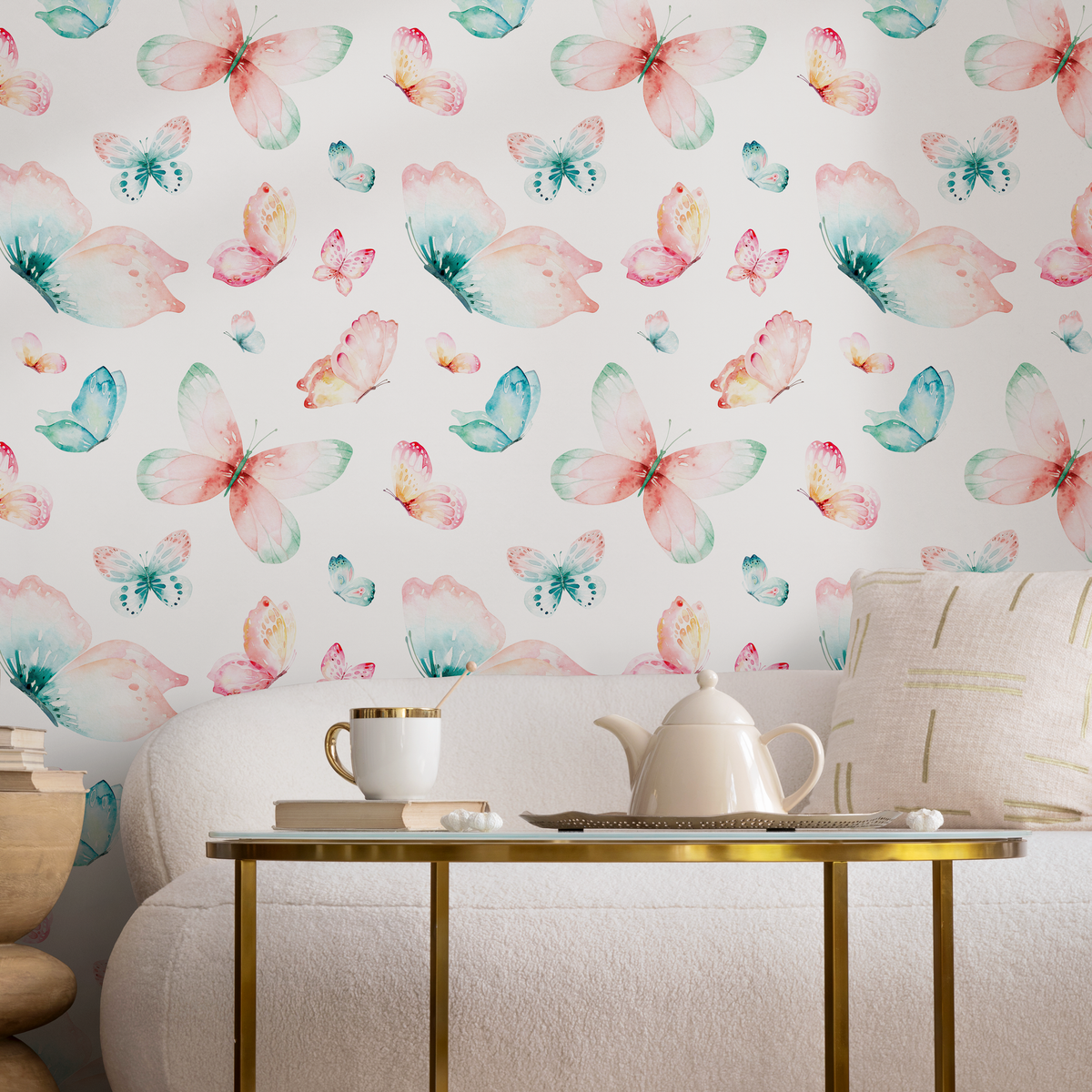 Butterfly Wallpaper with a Watercolor Motif in Pink, Teal, and Yellow - detail view