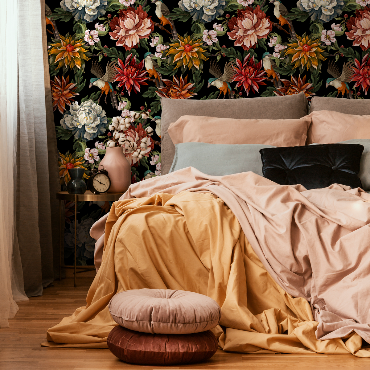 Chinoiserie Wallpaper with Birds and Peonies in Red, Orange and Black - detail view