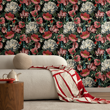 Vintage Botanical Peony Flower Wallpaper / Peel and Stick Wallpaper Removable Wallpaper Home Decor Wall Art Wall Decor Room Decor - C728